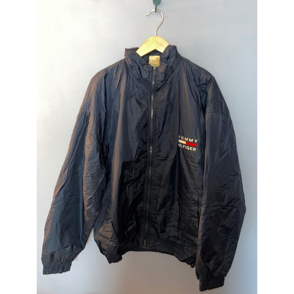 Vintage Tommy Hilfiger Navy Blue Windbreaker Jacket Big Logo 90s Streetwear L